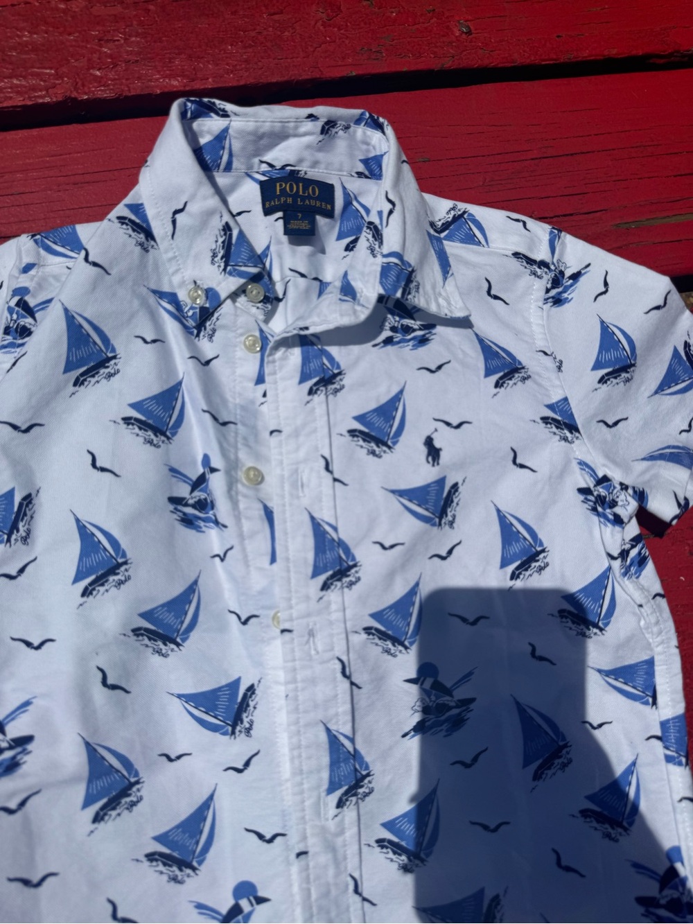 Polo by Ralph Lauren White Short‑Sleeve Button‑Down with Blue Sailboat Print